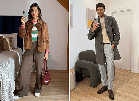 Zwei Creator zeigen ihre OUTFITTERY Looks vor dem Spiegel